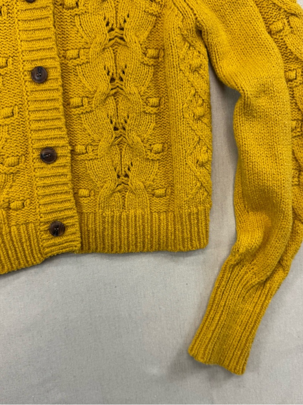 Anthropologie Mustard Yellow Cable Knit Puff Sleeve Cardigan Sweater Sz M - Picture 5 of 15